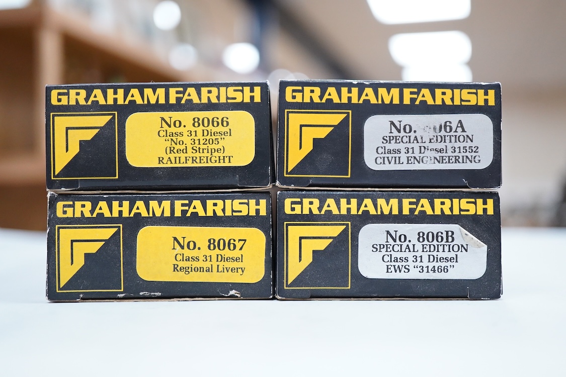 Four boxed Graham Farish N gauge railway Class 31 Co-Co diesel locomotives; a BR, 31 552 (806A), an EWS, 31 466 (806B), a BR, 31 205 (8066) and a Regional Railways, 31 421 (8067).
